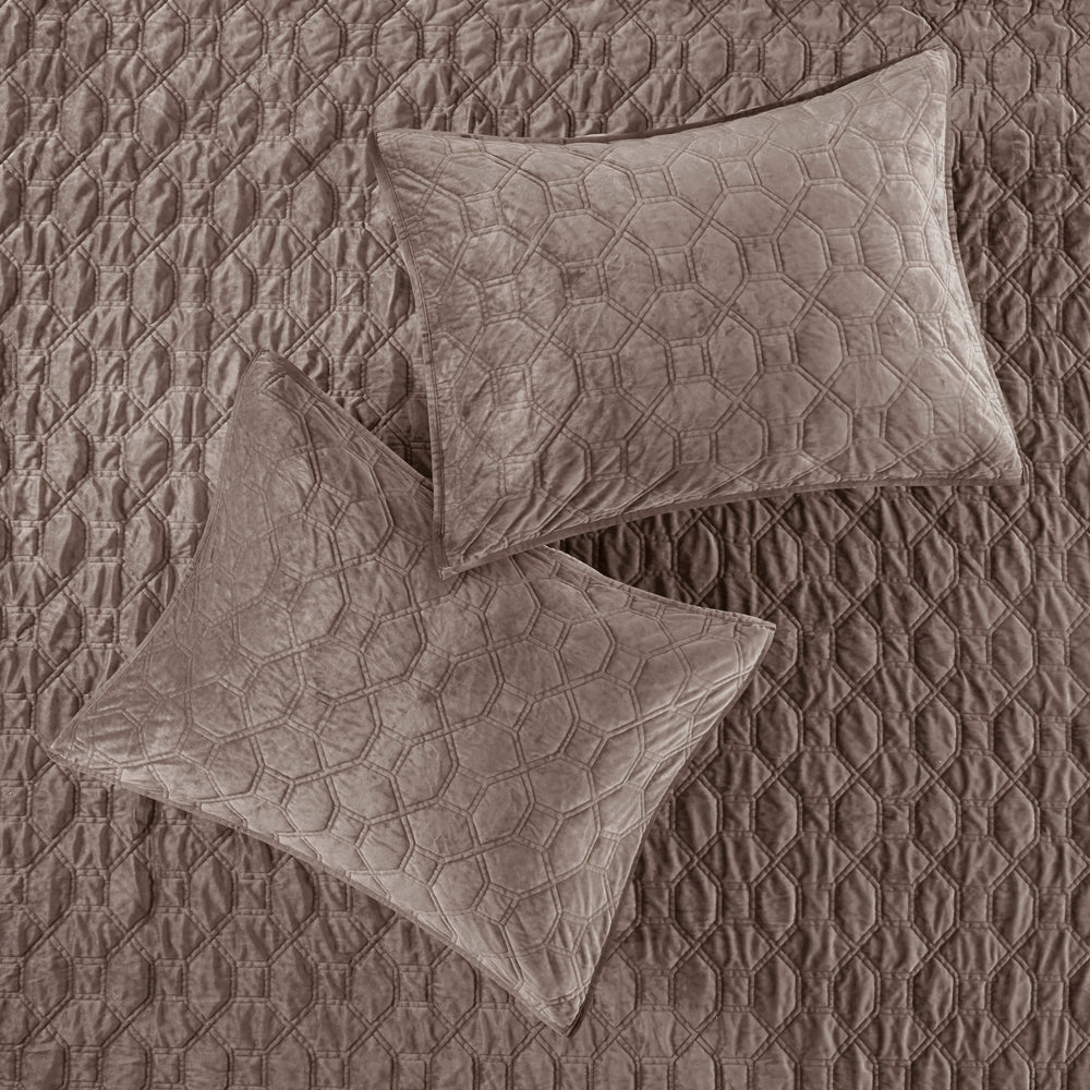 3 Piece Velvet Quilt Set Taupe Full/Queen Media 2