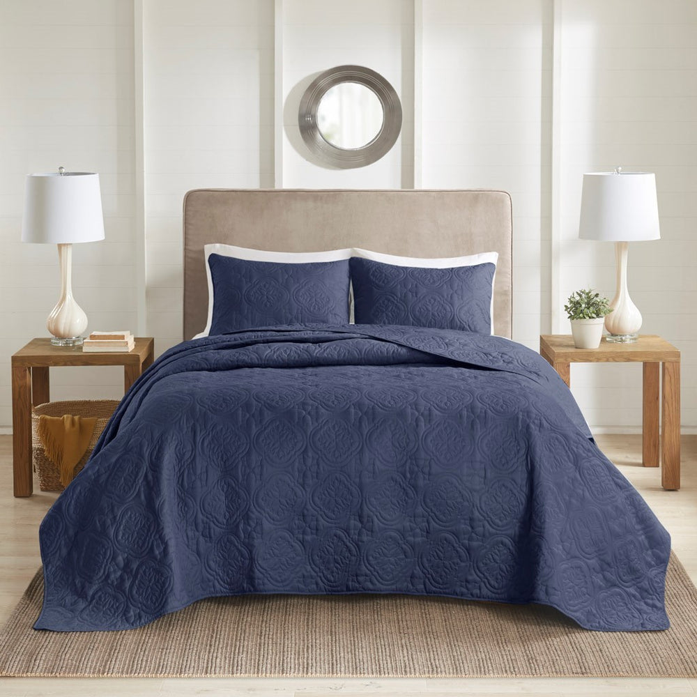 3 Piece Reversible Bedspread Set Navy Full/Queen Media 5
