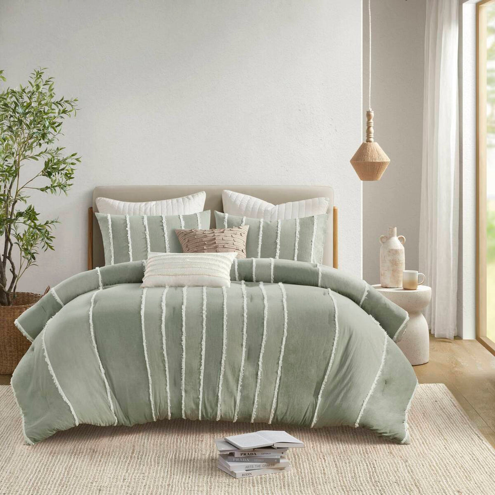 3 Piece Striped Cotton Comforter Set Sage Full/Queen Media 7