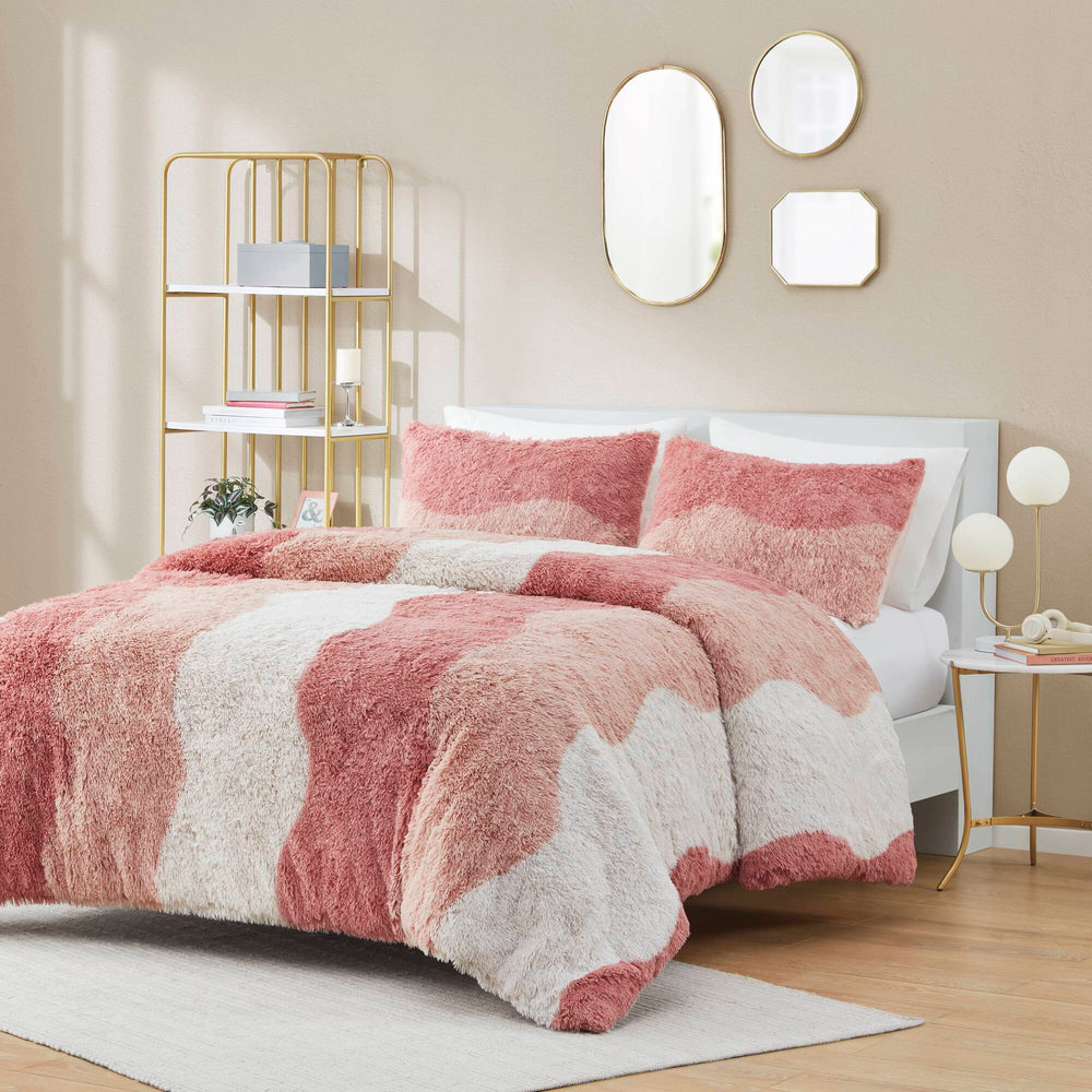 3 PCS King/Cal King Ombre Shaggy Faux Fur Duvet Cover Set Blush Multi