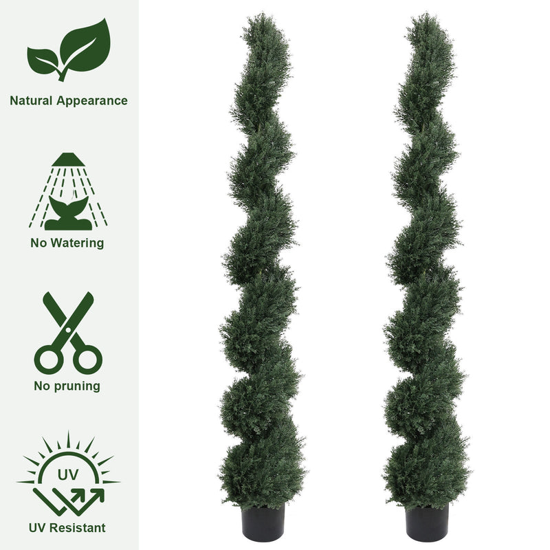 6FT single-color spiral-shaped potted cedar tree, a realistic artificial evergreen plant, suitable for decorating outdoor gardens, porches, patios, etc.; 2pcs/set