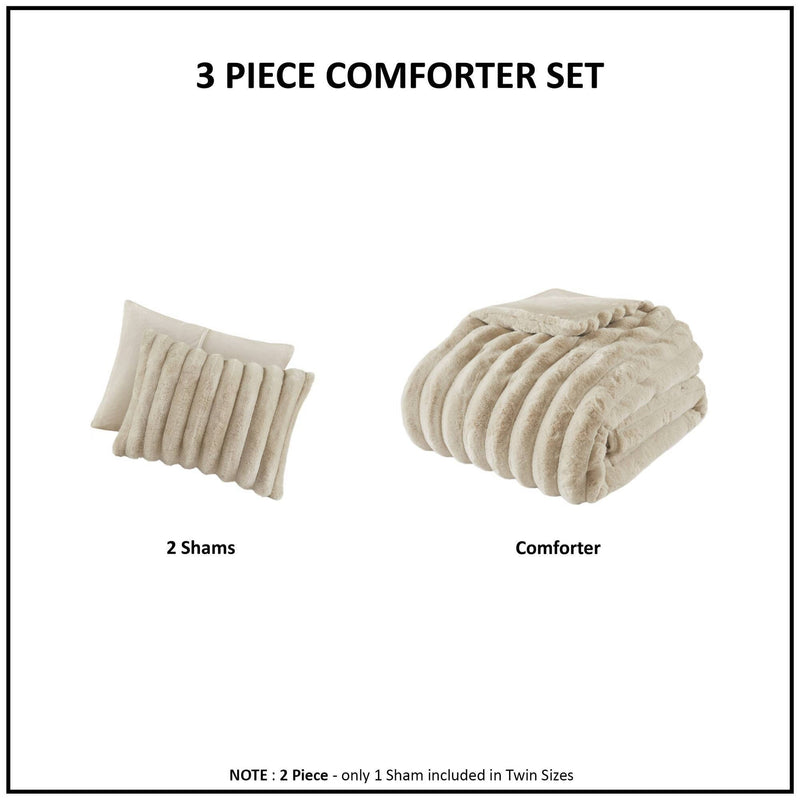 3 PCS King  soft Faux Fur Ribbed Comforter Set Taupe