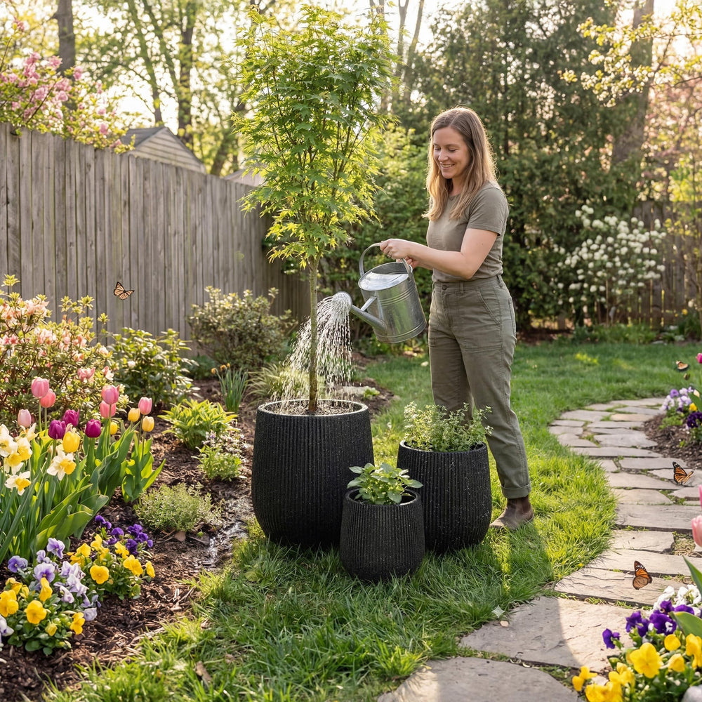 DTY Signature Mount Wilson Modern Indoor Outdoor Fiberstone Tapered Planter, Lightweight, Weather Resistant Garden Pot with Drainage Hole & Rubber Plug (Black, 11'' D x 12'' H) Media 60