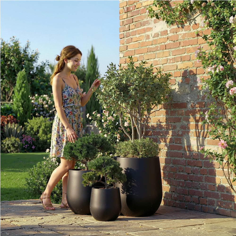 DTY Signature Mount Wilson Modern Indoor Outdoor Fiberstone Tapered Planter, Lightweight, Weather Resistant Garden Pot with Drainage Hole & Rubber Plug (Black, 11'' D x 12'' H) Media 42