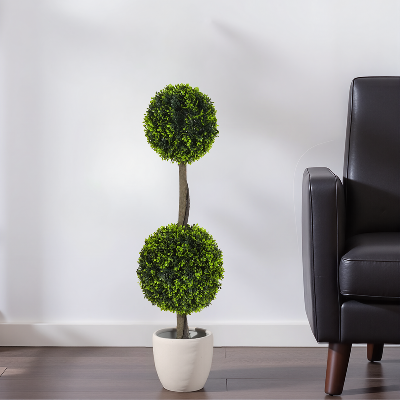 34' Artificial Topiary Boxwood Tree Double Ball with Black Plastic Pot, Set of 2