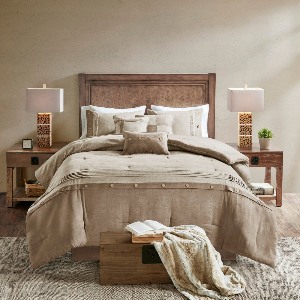 7 Piece Faux Suede Comforter Set Tan King Media 7