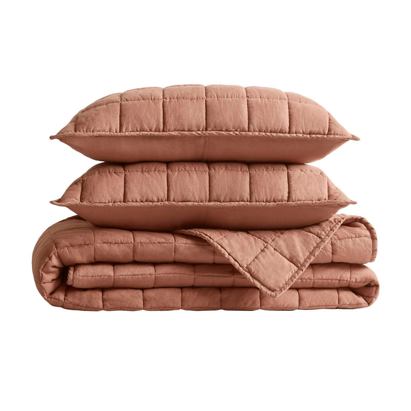 3-Piece King/Cal King Linen Garment Washed Quilt Set,Clay