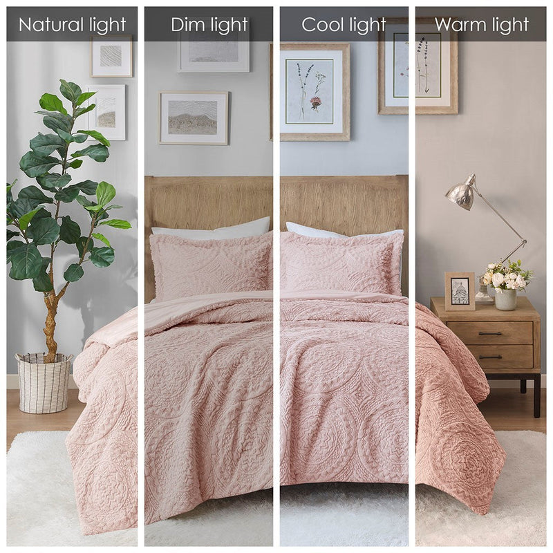 Full/Queen Embroidered Medallion Faux Fur Ultra Plush Comforter Mini Set