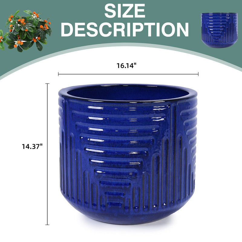 16' Dia Round Planters for Indoor Plants, Large Outdoor Planters with Drainage Holes, Ceramic Plant Pots Indoor & Outdoor for Home Garden Patio - Dark Blue