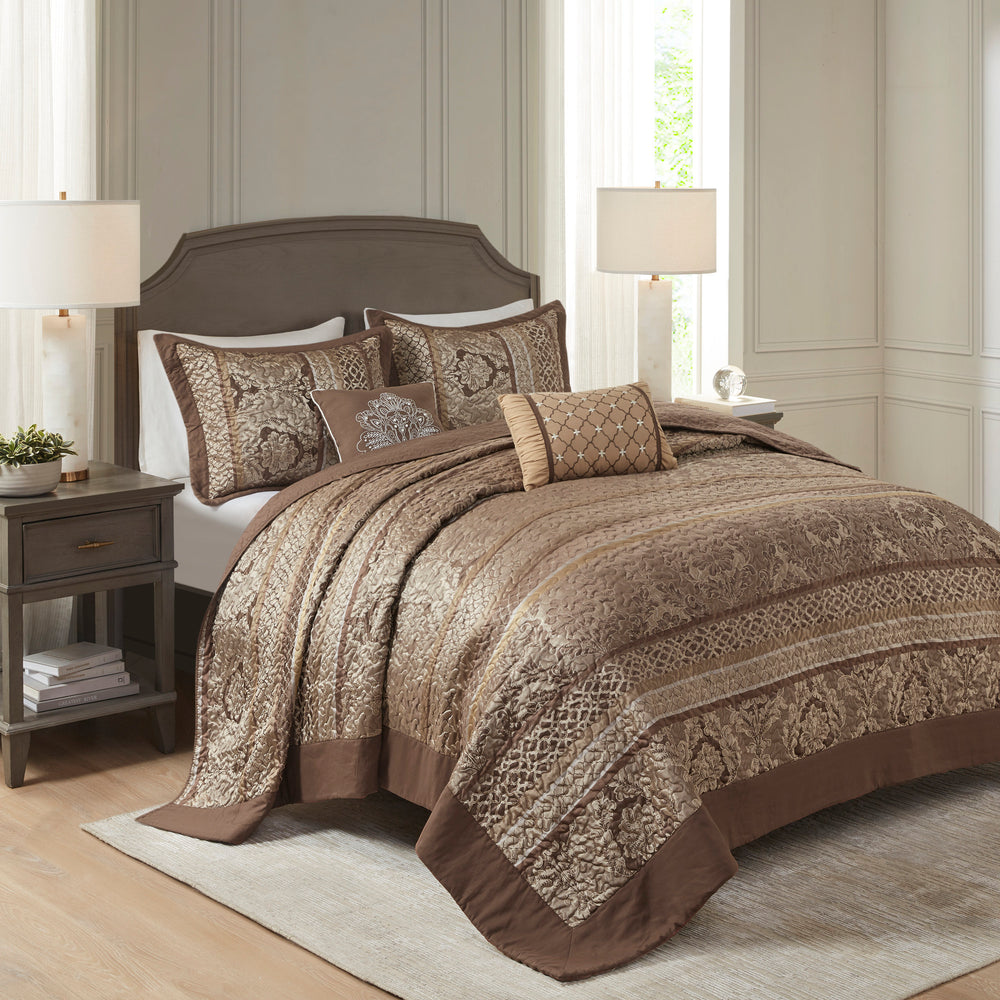5 Piece Reversible Jacquard Bedspread Set Brown/Gold King Media 1