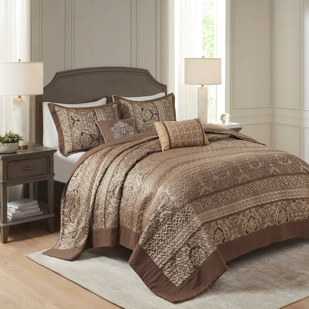 5 Piece Reversible Jacquard Bedspread Set Brown/Gold King Media 1