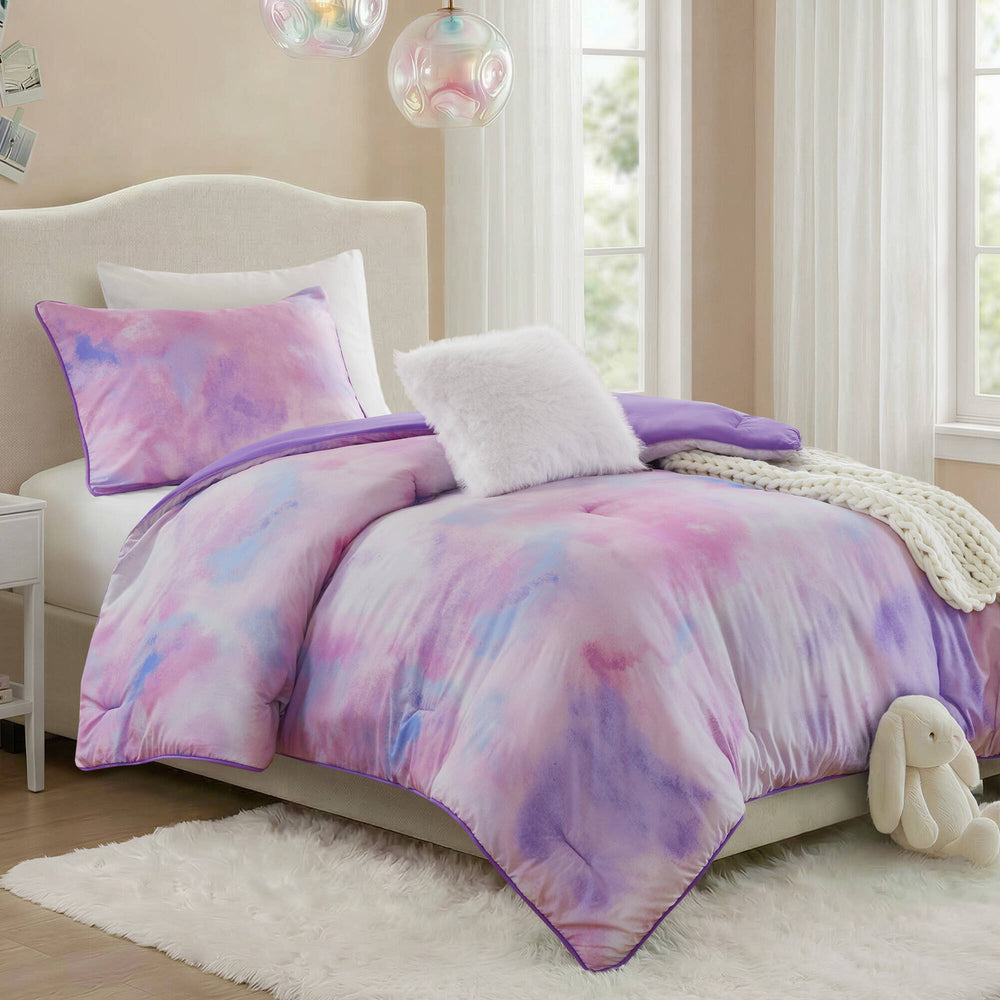 3 Pieces Twin/Twin XL Watercolor Tie Dye Printed Comforter Set with Throw Pillow,Purple Media 4