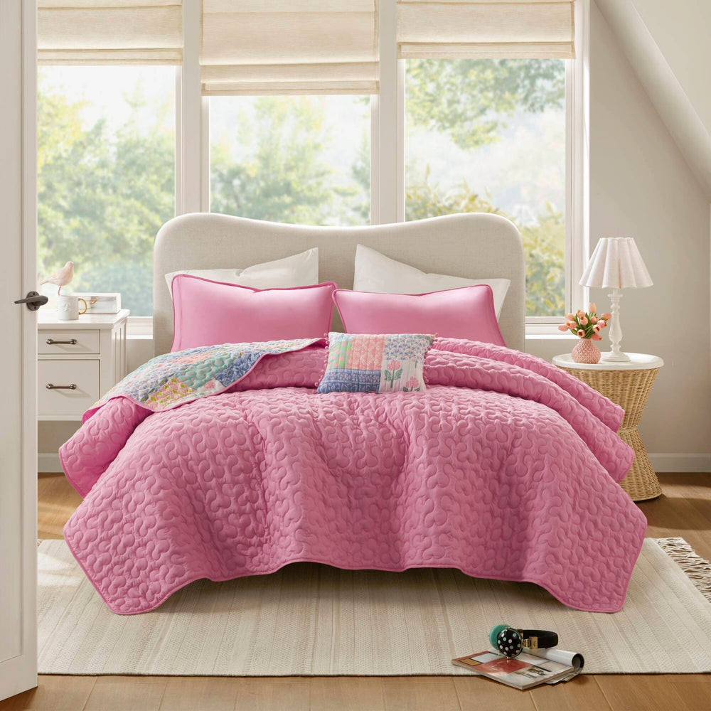4-Piece Full/Queen 4pcs Quilt Set,Pink Media 20