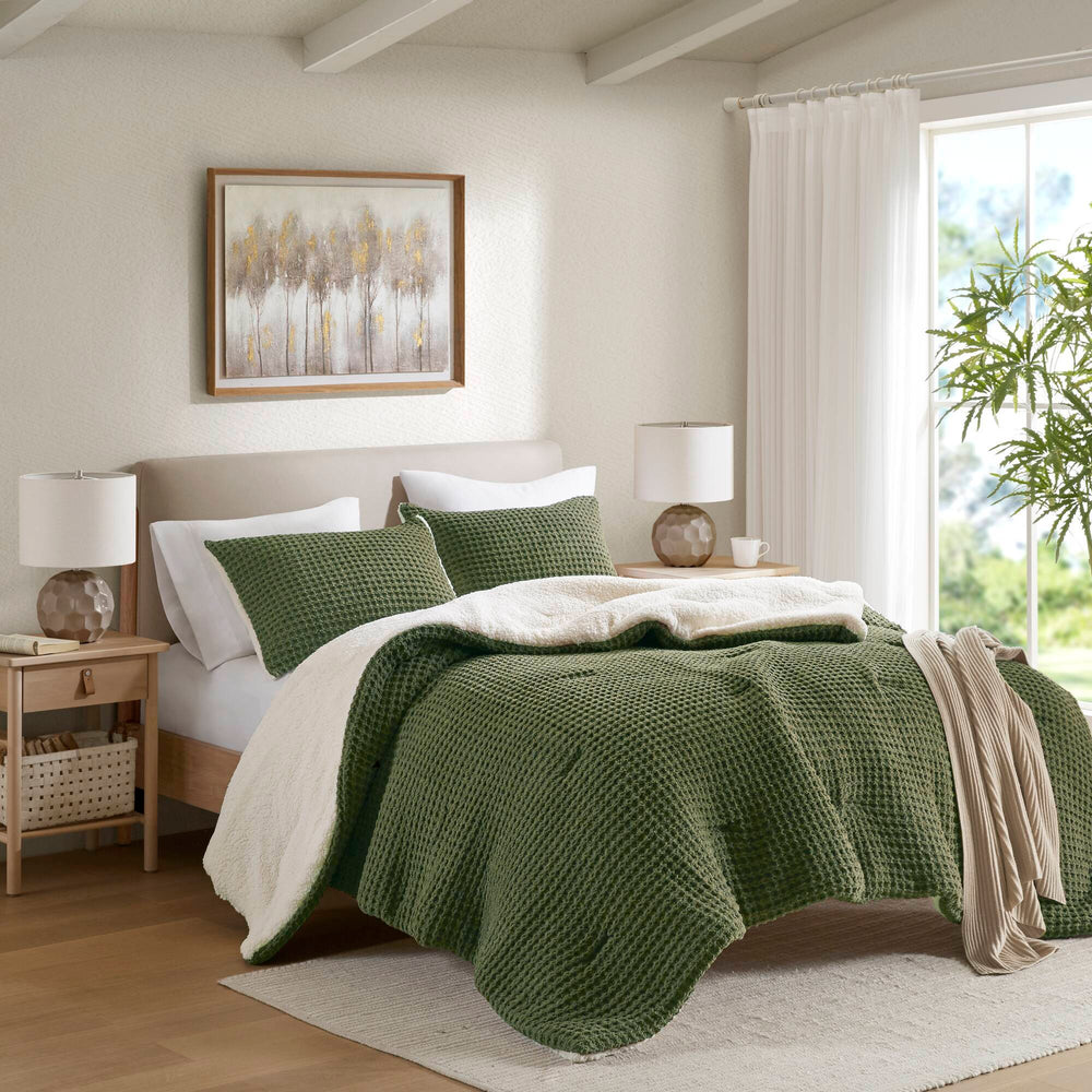3 Pieces King/Cal King Waffle Knit Chenille Comforter Set,Olive Media 16