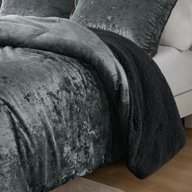 3 PCS Full/Queen Crushed Velvet   Reversible Comforter Set Charcoal