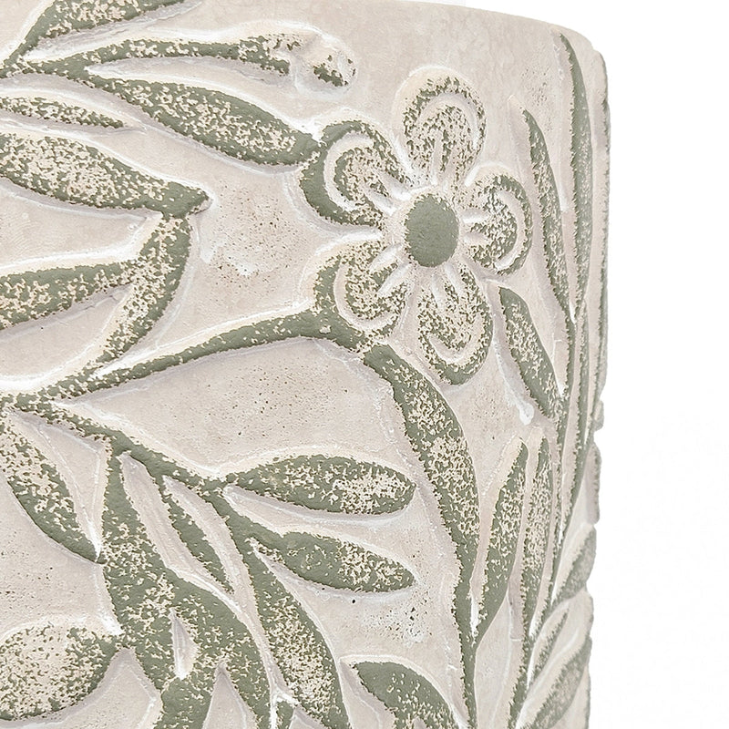 S/2 Gray Sand and Cement Planters with Etched Green Floral Motif, L:D6.7x6.3' S:D5.5x5'