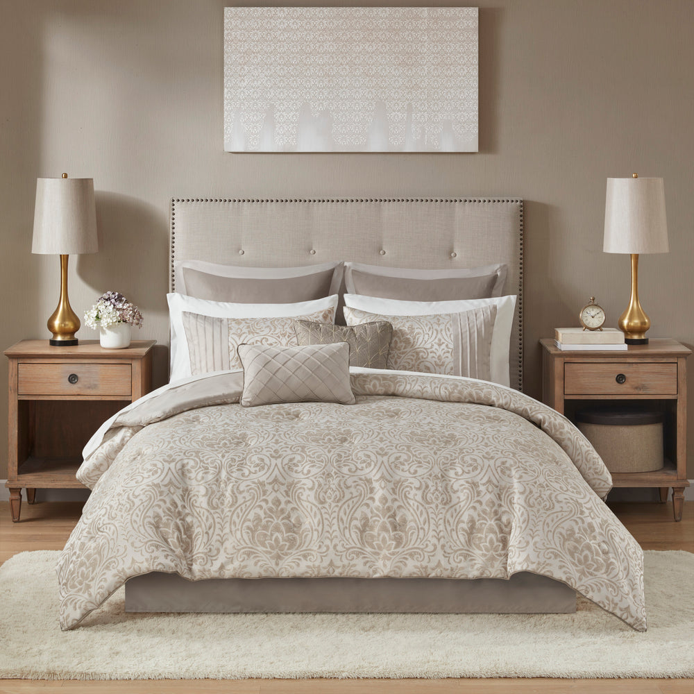 12 Piece Jacquard Comforter Set with Bed Sheets Khaki Cal King Media 5
