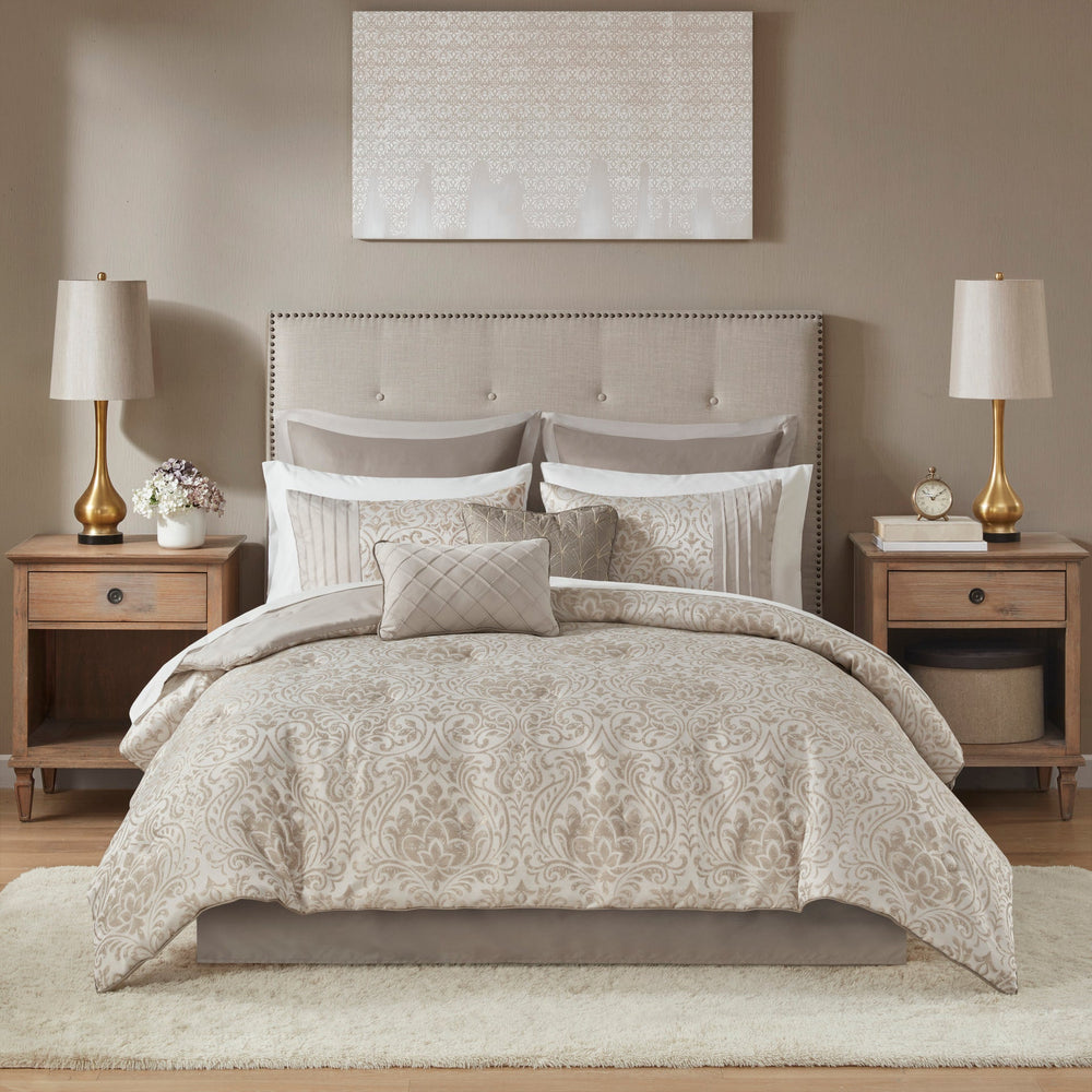 12 Piece Jacquard Comforter Set with Bed Sheets Khaki Cal King Media 5