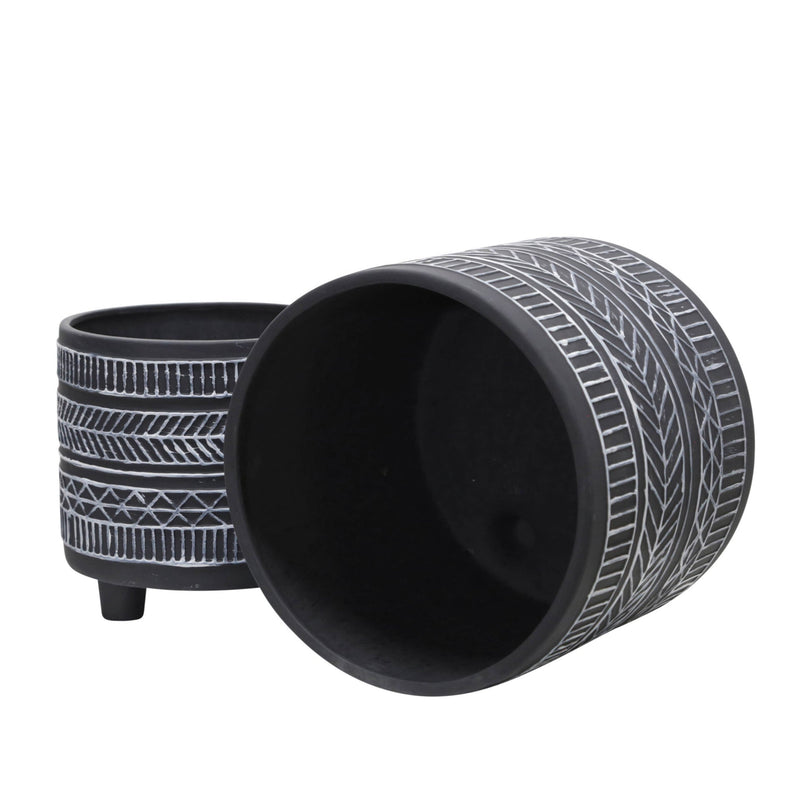 S/2  TRIBAL LOOK FOOTED PLANTER 6/8', BLACK