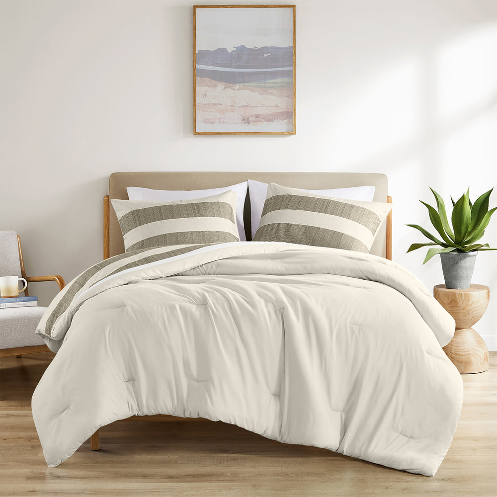 3-Piece Full/Queen Stripe Textured Print Comforter Set,Neutral Media 1