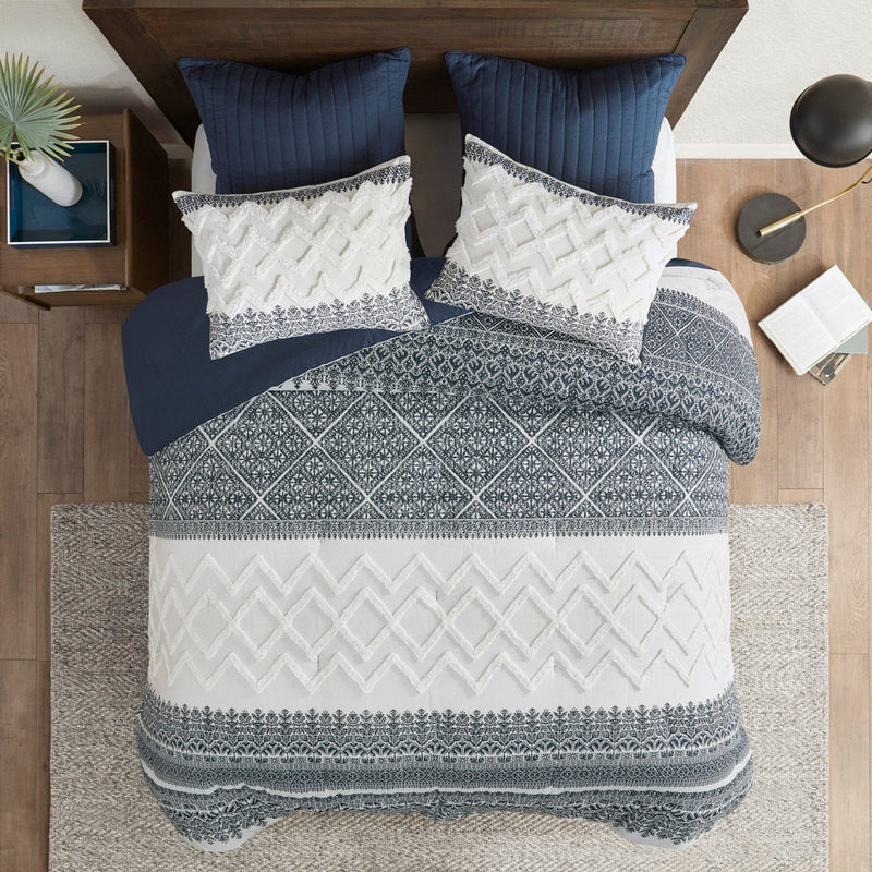3 Piece Cotton Comforter Set with Chenille Tufting Navy Full/Queen