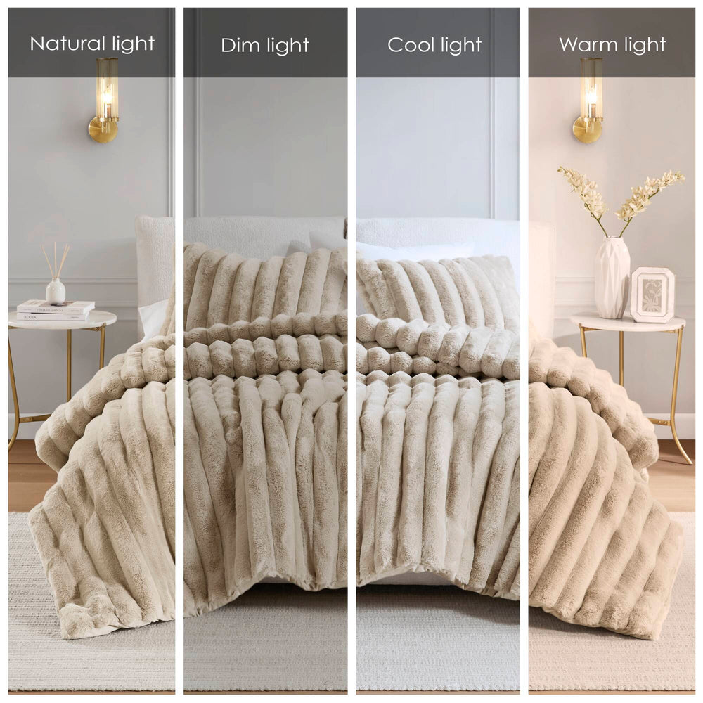 3 PCS King  soft Faux Fur Ribbed Comforter Set Taupe Media 4