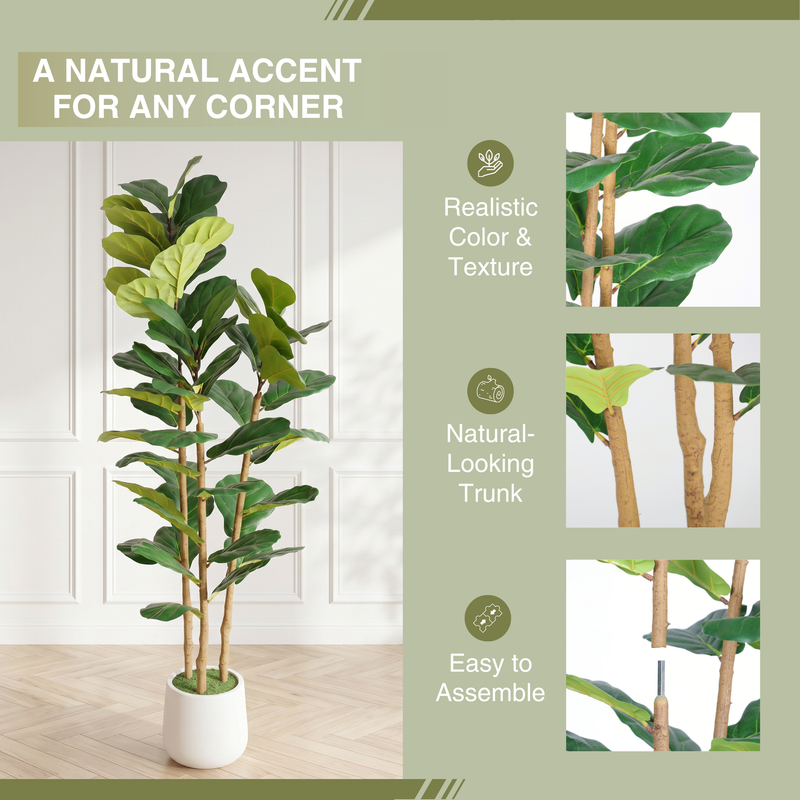 5.2FT Artificial Fiddle Leaf Fig Tree With Decorative White Pot, Real Touch Fake Indoor Plant for Home Office Living Room Corner Decoration, 1pc/set