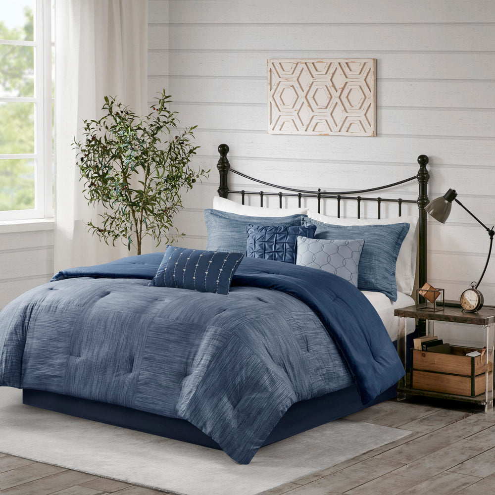 7 Piece Printed Seersucker Comforter Set Navy Cal King Media 1