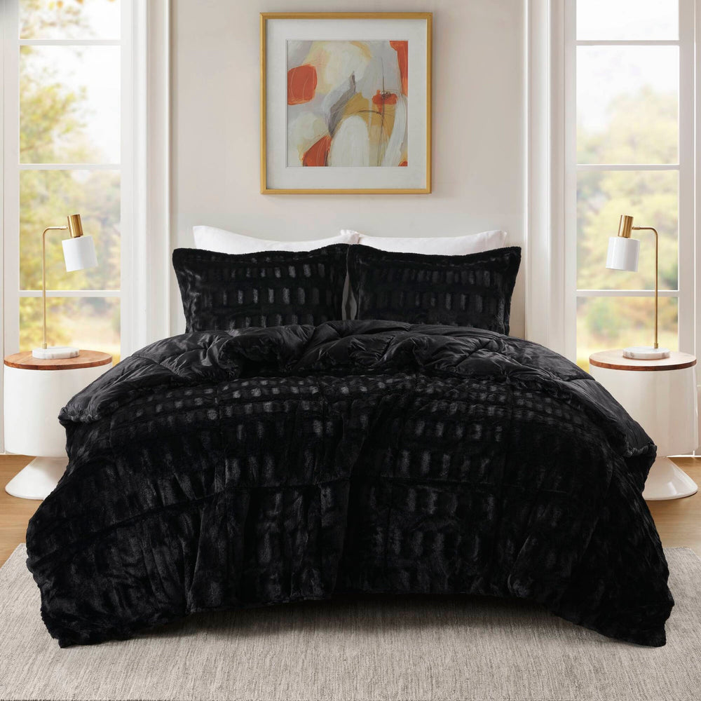 3 PCS Full/Queen Solid Faux Fur Comforter Mini Set Black Media 7