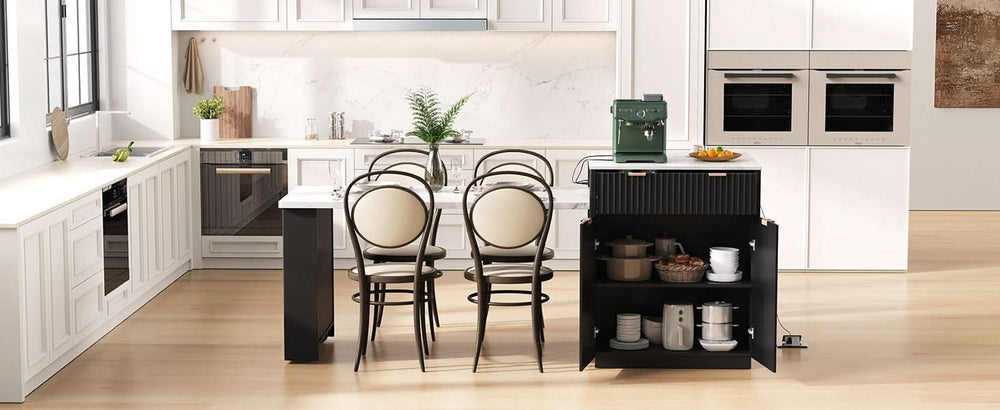 Kitchen Island Modern With Extendable Dining Table & Power Outlet For 4-6 People Black Media 33