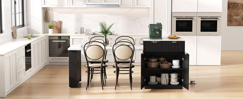 Kitchen Island Modern With Extendable Dining Table & Power Outlet For 4-6 People Black