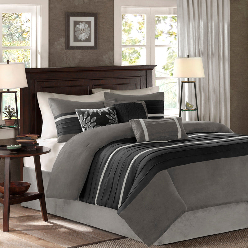 7 PC Pieced Faux Suede Comforter Set Black Cal King
