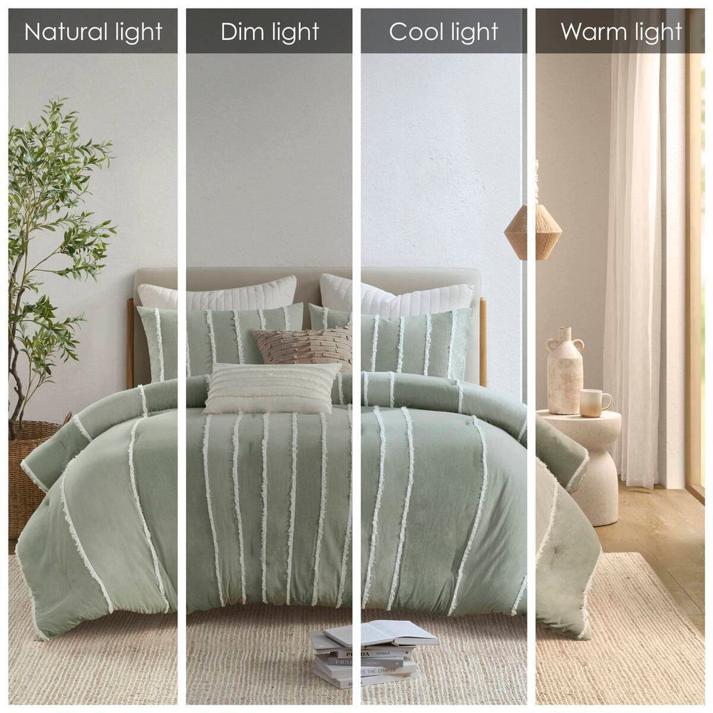 3 Piece Striped Cotton Comforter Set Sage Full/Queen Media 14