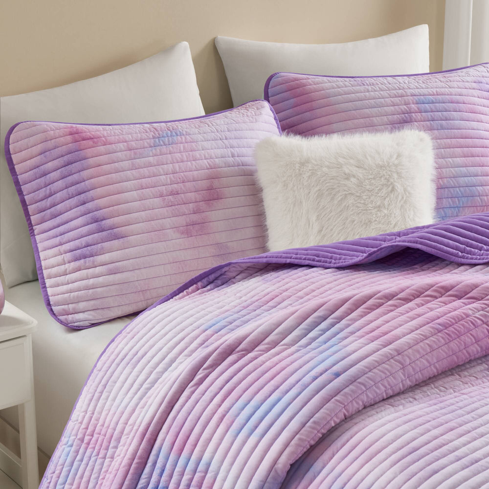 4 Pieces Full/Queen Watercolor Tie Dye Printed Quilt Set with Throw Pillow,Purple Media 13