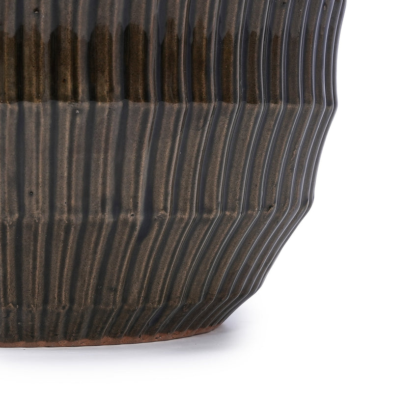 Handmade Matte Metallic Charcoal Gradient Glaze Ceramic Planter Set of 4, 7/9/12/14 Inch, Horizontal Grooves, Indoor & Outdoor Herb Succulent Pots, Breathable Clay with Drainage Holes