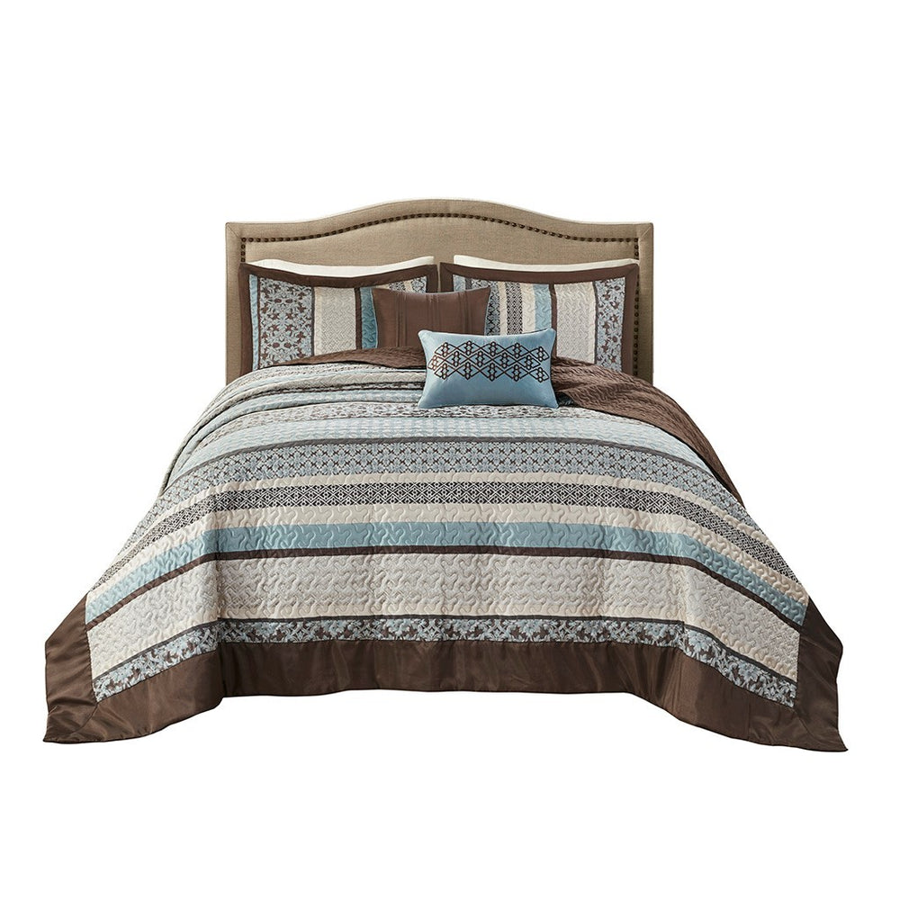 5 Piece Reversible Jacquard Bedspread Set Blue King Media 6