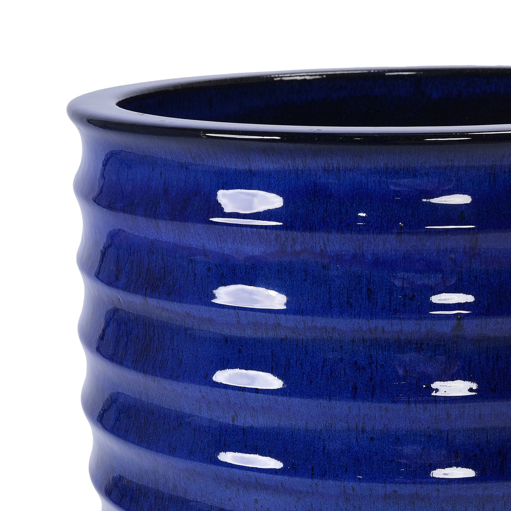 Handmade Sapphire Blue Ceramic Planter, 17 Inch Diameter, 1 Piece, Horizontal Ripples Pattern, for Monstera and Fiddle Leaf Fig, Indoor & Outdoor Doorway Use, Breathable Clay Media 11