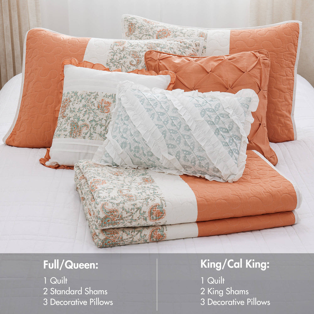 6 Piece Cotton Percale Quilt Set with Throw Pillows Coral Full/Queen Media 7