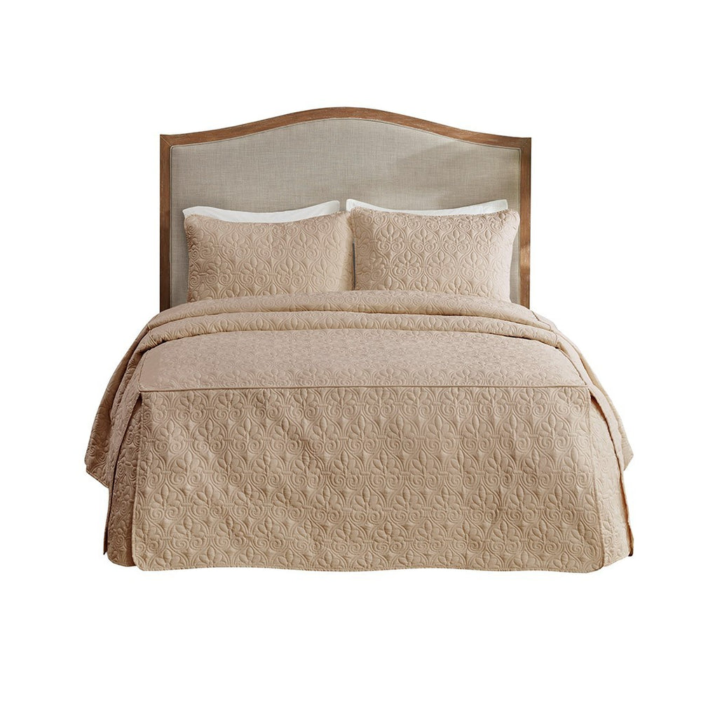 3 Piece Split Corner Pleated Quilted Bedspread Khaki Queen Media 6