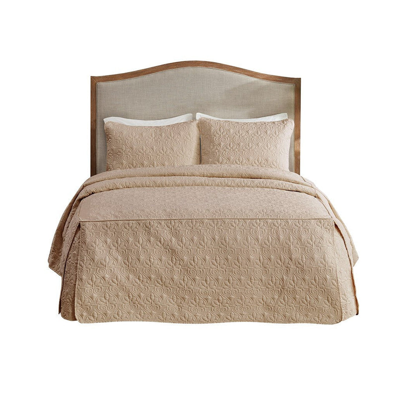 3 Piece Split Corner Pleated Quilted Bedspread Khaki Queen