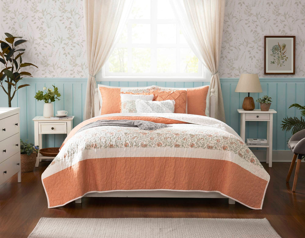 6 Piece Cotton Percale Quilt Set with Throw Pillows Coral King/Cal King Media 15