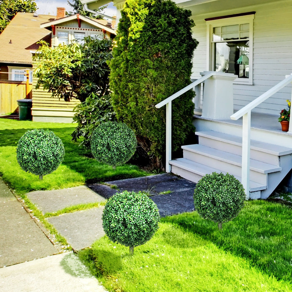 HOMCOM 1.3' (15.7') Artificial Boxwood Topiary Trees with Ground Stake, UV Resistant Set of 2 Ball Shaped Trees, Indoor Outdoor Fake Plants for Home Office & Living Room Décor Media 9