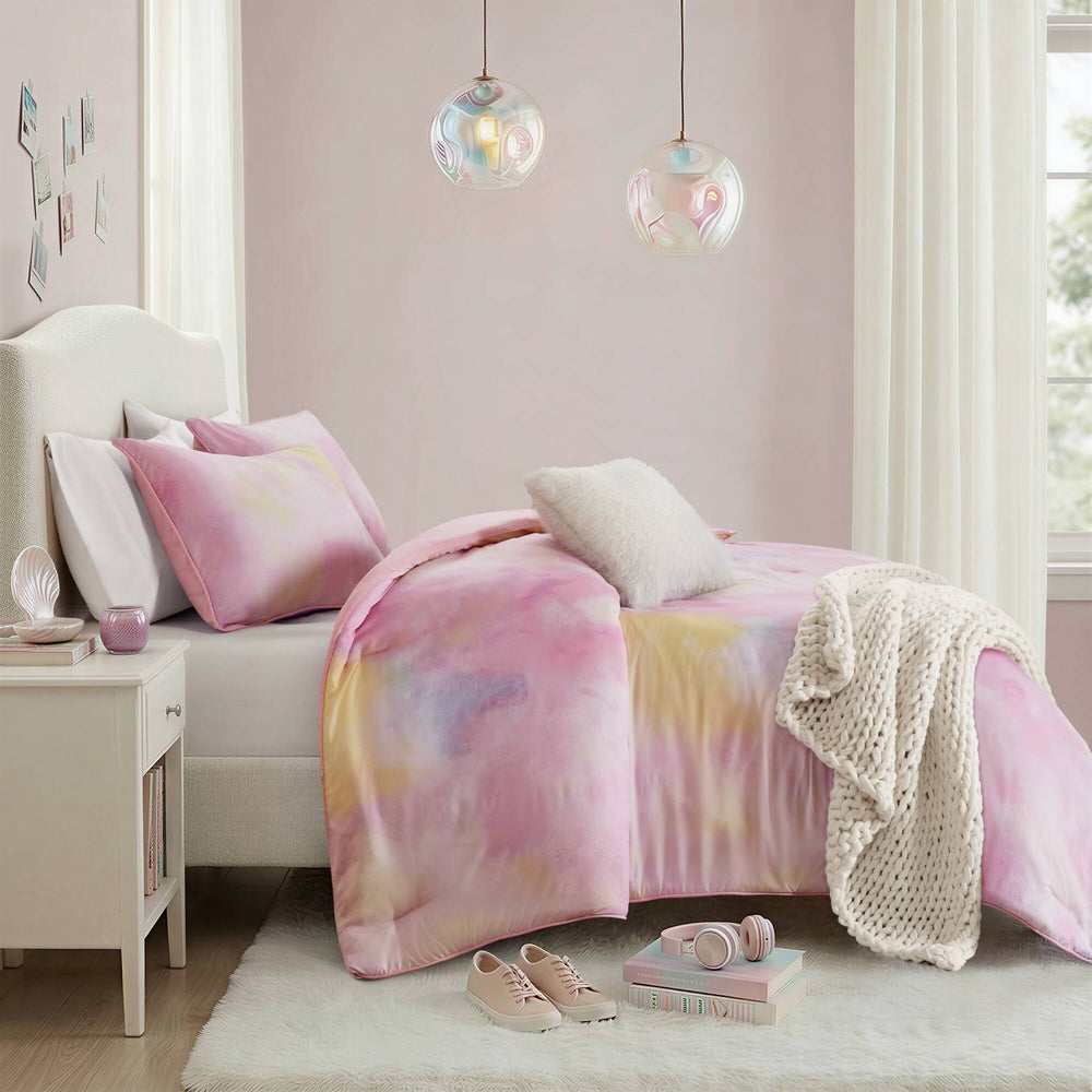 4 Pieces Full/Queen Watercolor Tie Dye Printed Comforter Set with Throw Pillow,Pink Media 20
