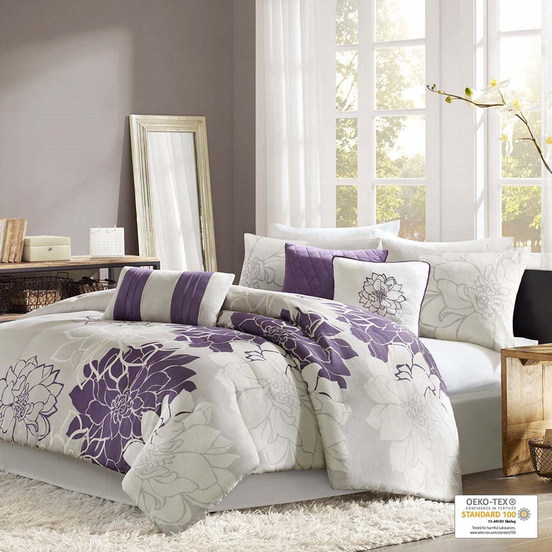 Printed Cotton Sateen Comforter Set Taupe Grey/Purple Queen