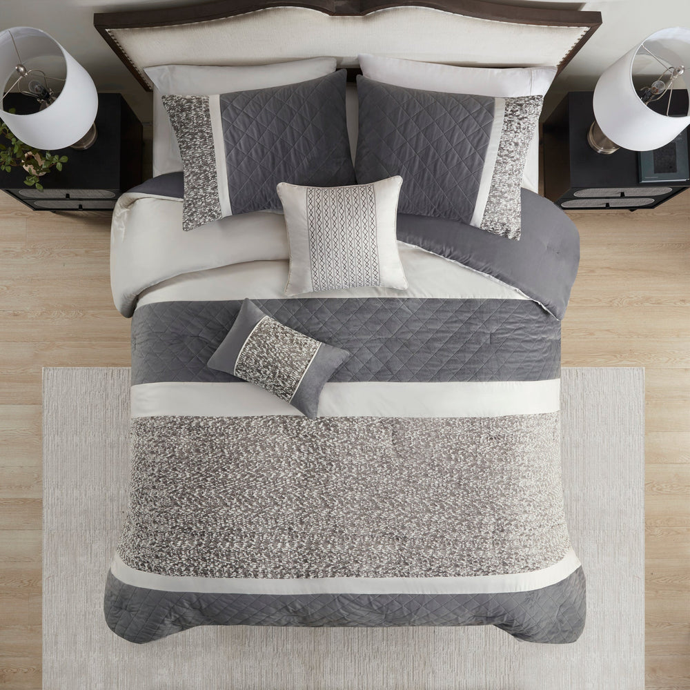 5 Piece Textured Jacquard Stripe Comforter Set with Throw Pillows-King/Cal King Media 4