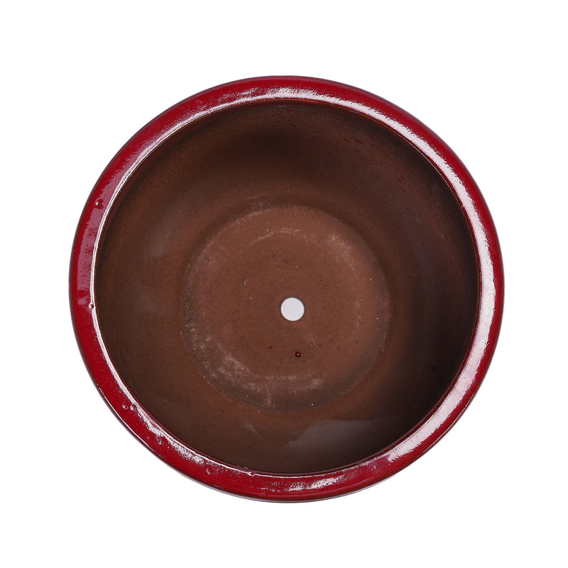Handmade Glazed Ceramic Planter Set of 3, 15/11/8 Inch Diameter, Horizontal Groove Pattern, for Succulents & Flowering Plants Outdoor Garden & Indoor Staircase Bookshelf Use, Breathable Clay, Deep Red