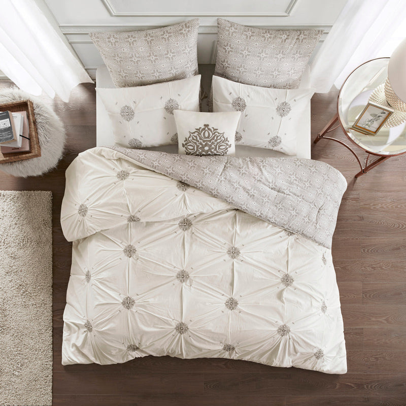 6 Piece Embroidered Cotton Reversible Comforter Set Ivory Full/Queen