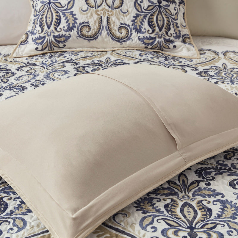 6 Piece Reversible Quilt Set with Throw Pillows Navy/Tan Full/Queen