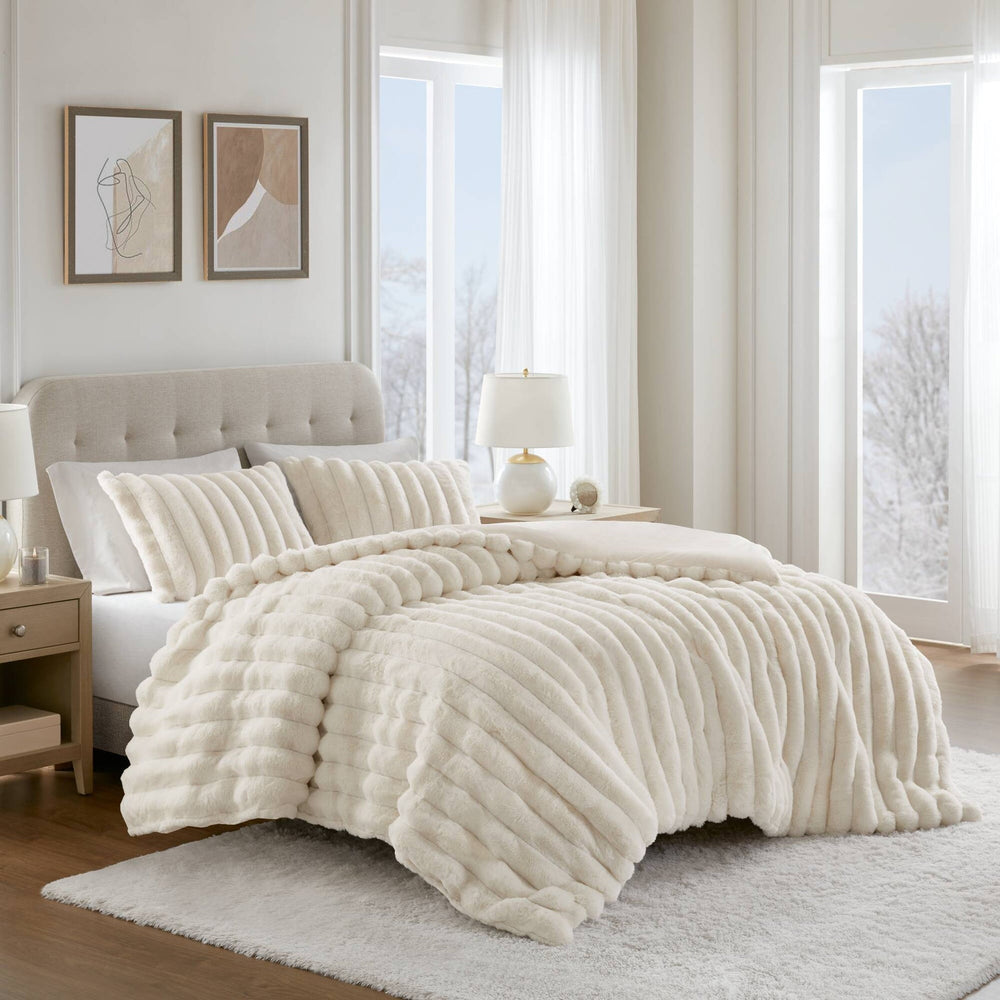 3-Piece King  soft Faux Fur Ribbed Comforter Set,Ivory Media 18