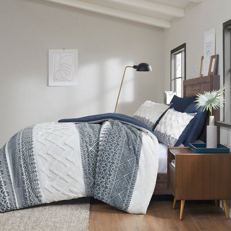 3 Piece Cotton Comforter Set with Chenille Tufting Navy Full/Queen